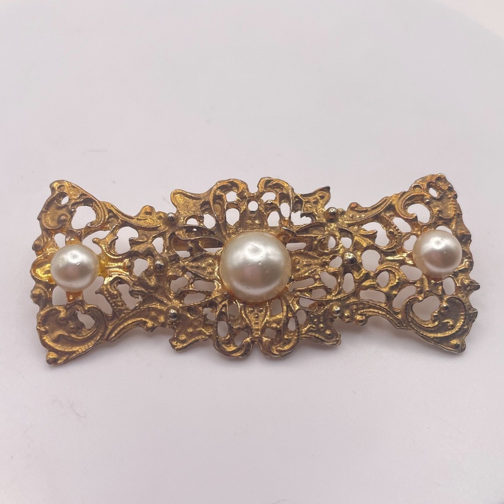 Vintage Gold Tone Filigree Faux Pearl Statement Brooch Reticulated Bow Pin